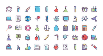 chemical and biochemistry icon set, line color style