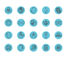 test tube and coronavirus protective measures icon set, block line style