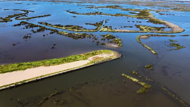 Aerial View of Ribeira das Teixugueiras near the Aveiro Lagoon at Pardilho, Aveiro, Portugal.