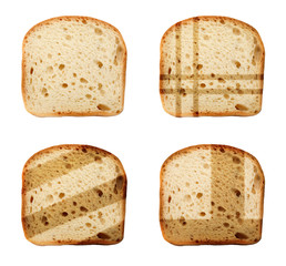 Set with toasted slices of wheat bread on white background, top view