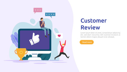 Costumer review rating concept. people character giving feedback evaluation. satisfaction level and critic support with smartphone for web landing page, social, poster, ad, promotion or print media