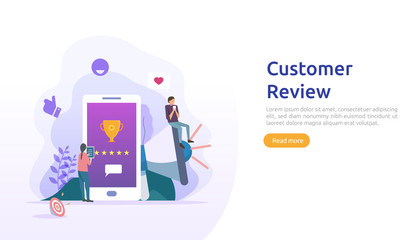 Costumer review rating concept. people character giving feedback evaluation. satisfaction level and critic support with smartphone for web landing page, social, poster, ad, promotion or print media