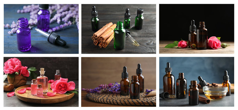 Collage of different photos with essential oils. Banner design