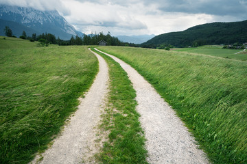 Winding path through blown grass meadows with Austrian Alps, Mieminger Plateau, Tyrol, Austria