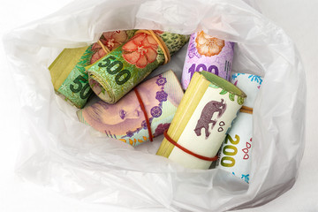 Argentine money rolled up with elastic bands inside a transparent bag. 