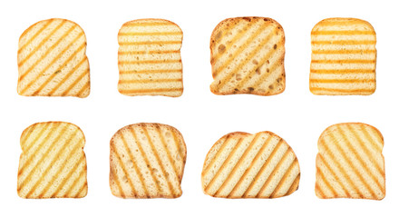 Set with toasted slices of wheat bread on white background, top view. Banner design