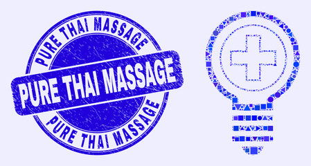 Geometric medical bulb mosaic pictogram and Pure Thai Massage seal stamp. Blue vector round textured stamp with Pure Thai Massage text. Abstract mosaic of medical bulb created of spheric, tringle,