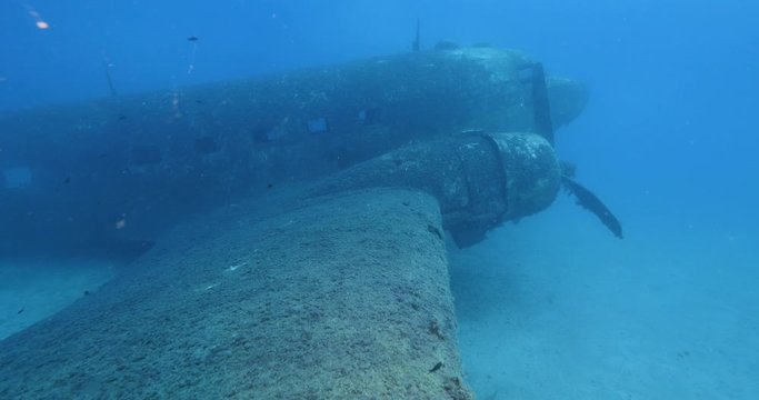 exploring underwater air plane wreck fish around ocean scenery of airplane scuba divers to enjoy