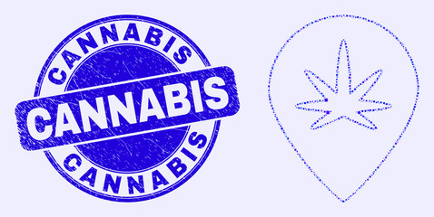 Geometric cannabis map marker mosaic icon and Cannabis seal stamp. Blue vector rounded scratched seal stamp with Cannabis message. Abstract concept of cannabis map marker combined of circle, tringle,