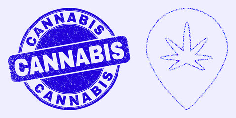 Geometric cannabis map marker mosaic icon and Cannabis seal stamp. Blue vector rounded scratched seal stamp with Cannabis message. Abstract concept of cannabis map marker combined of circle, tringle,
