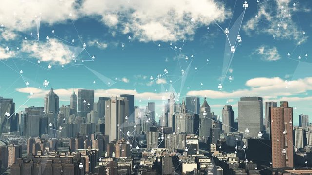 4k timelapse cloud fly over urban building and skyscrapers,abstract Digital background with graph made of nodes with social media symbol.abstract neon geometrical lines with moving triangles