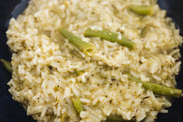 plant-based food, creamy vegan pesto risotto with green beans