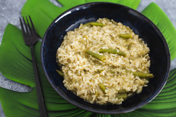 plant-based food, creamy vegan pesto risotto with green beans