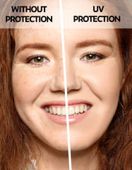 Young woman without and with sun protection cream on her face, closeup