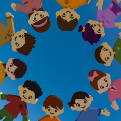 10 children. Blue sky. laugh. 3D illustration
