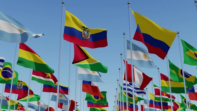 Many G8 countries flags. Various world flags waving on flagpoles against blue sky. 3d rendering animation.