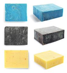 Set of soap bars on white background, views from different sides