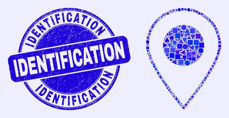 Geometric map marker mosaic icon and Identification seal stamp. Blue vector round distress seal stamp with Identification text. Abstract mosaic of map marker made of round, triangles,