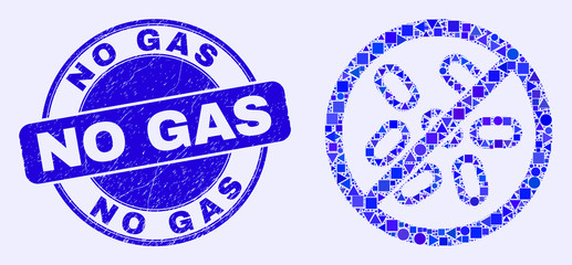 Geometric stop microbes mosaic pictogram and No Gas seal stamp. Blue vector rounded scratched seal stamp with No Gas text. Abstract collage of stop microbes made of spheric, triangles,