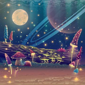 Digital fantasy mushroom garden or magic park illustration, night forest landscape art with stars, moon, planets in space, outdoor fairy tale drawing. Summer nature poster, beautiful wallpaper.