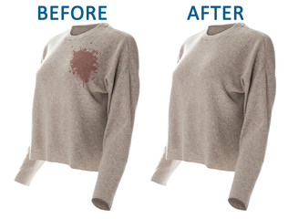 Stylish sweater before and after dry-cleaning on white background