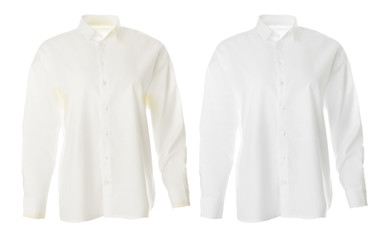 Stylish shirt before and after dry-cleaning on white background