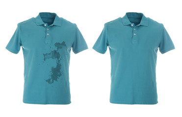 Stylish polo shirt before and after dry-cleaning on white background