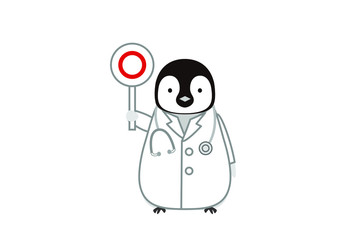 Obraz premium 正解のパネルを持つコウテイペンギンの医者のイラスト
