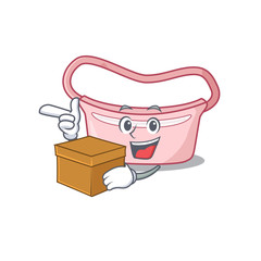 A cheerful women waist bag cartoon design concept having a box