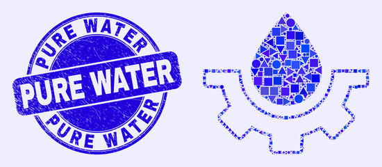 Geometric water plumbing gear mosaic pictogram and Pure Water stamp. Blue vector rounded distress stamp with Pure Water message. Abstract mosaic of water plumbing gear constructed of circle, tringle,