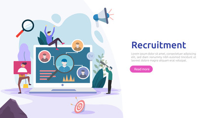 Fototapeta na wymiar Job hiring and online recruitment concept with tiny people character. agency interview. select a resume process. template for web landing page, banner, presentation, social media. Vector illustration.