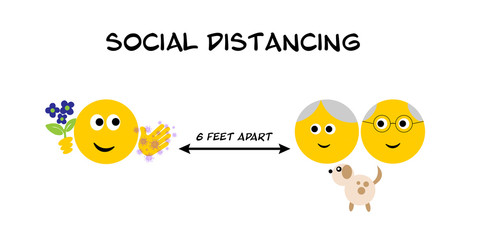 Emoji visiting elderly relatives, parents, grandparents, old people keeping 6 feet apart, social distancing coronavirus, covid 19 illustration