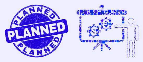 Geometric financial engine presentation mosaic pictogram and Planned seal. Blue vector round textured seal with Planned phrase. Abstract mosaic of financial engine presentation composed of spheric,