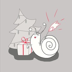 white snail celebrates new year near the new year tree with a gift and sparkler