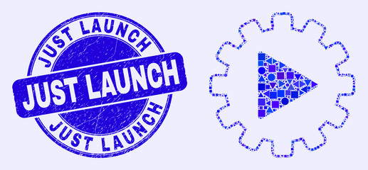 Geometric start gear automation mosaic icon and Just Launch seal stamp. Blue vector round distress seal stamp with Just Launch title. Abstract collage of start gear automation designed of round,