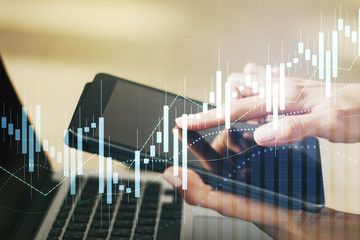 Multi exposure of abstract creative financial chart with finger presses on a digital tablet on background, research and analytics concept