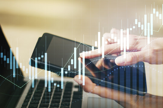 Multi exposure of abstract creative financial chart with finger presses on a digital tablet on background, research and analytics concept