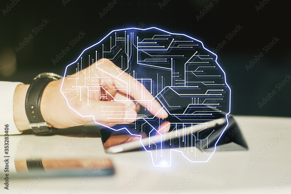 Aufkleber creative artificial intelligence concept with human brain hologram and finger clicks on a digital ta