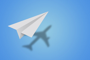 Paper plane casting a shadow of a airplane.Success business concept 3d rendering.