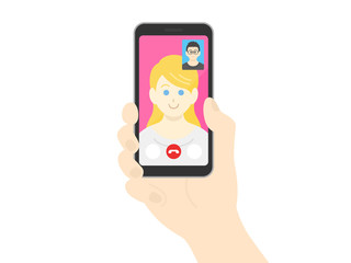 テレビ電話をする白人女性のイラスト