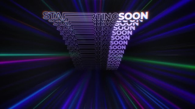 Seamlessly looping multiple lines of animated words "STARTING SOON" in colorful lines tunnel backdrop. Animated starting screen for streams on video streaming services.
