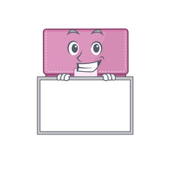 Womens wallet cartoon design style standing behind a board