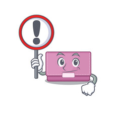 A cartoon icon of womens wallet with a exclamation sign board