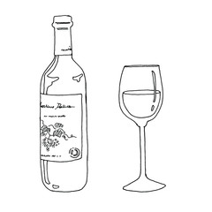ワインボトルとグラス線画