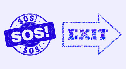 Geometric exit arrow mosaic pictogram and Sos! seal stamp. Blue vector round scratched seal stamp with Sos! phrase. Abstract collage of exit arrow done of round, triangles, square geometric spots.