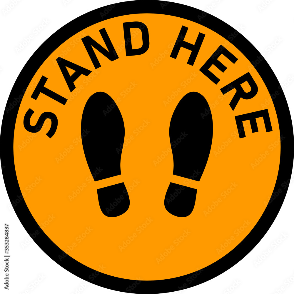 Poster stand here round floor marking sticker icon with text and shoeprints for queue line or other purpose