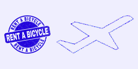 Geometric airplane takeoff mosaic icon and Rent a Bicycle watermark. Blue vector round grunge watermark with Rent a Bicycle title. Abstract concept of airplane takeoff created of round, tringle,