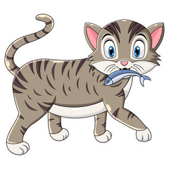 Cute cat holds fish in its mouth