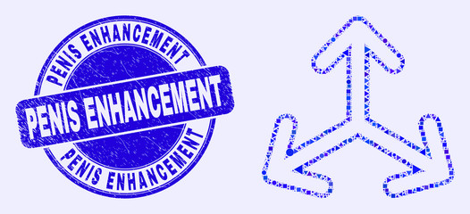 Obraz premium Geometric expand arrows mosaic icon and Penis Enhancement seal stamp. Blue vector round distress seal stamp with Penis Enhancement caption. Abstract mosaic of expand arrows created of sphere,