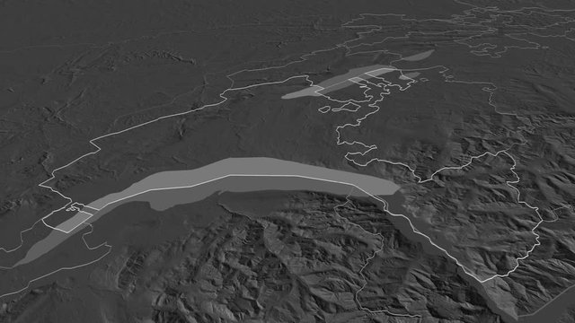 Vaud, canton with its capital, zoomed and extruded on the bilevel map of Switzerland in the conformal Stereographic projection. Animation 3D
